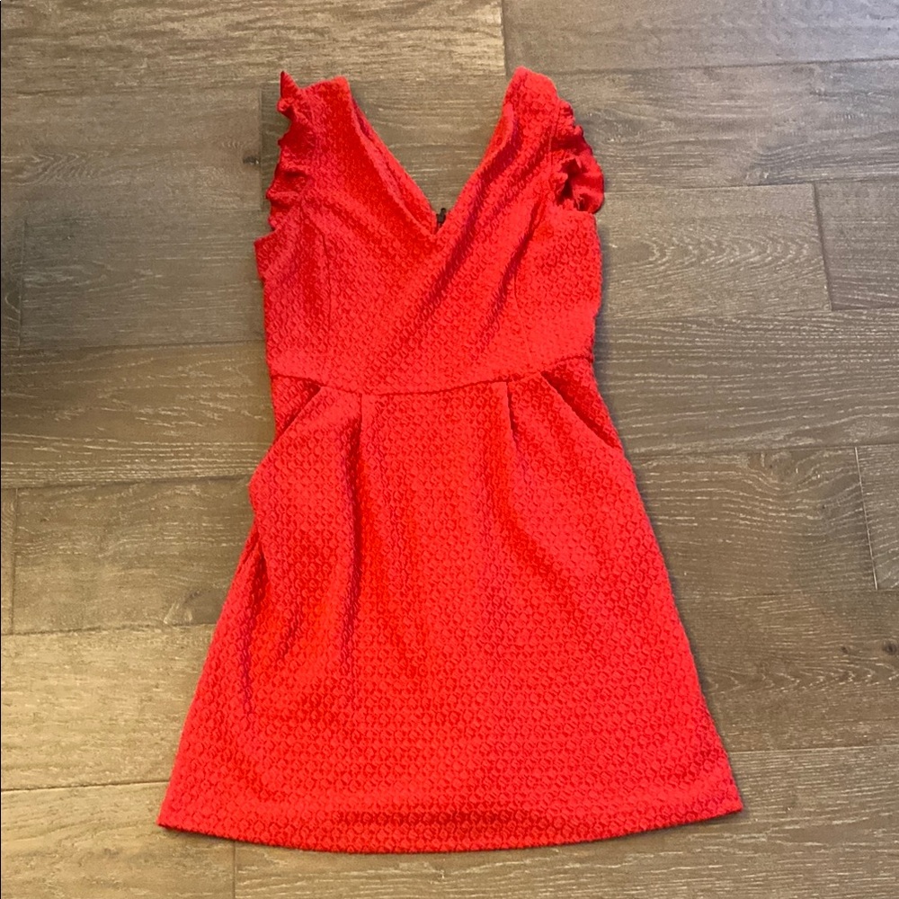 Anthropologie Tabitha Red Waffle Textured Ruffled Sleeve Pockets VNeck Dress 8 M